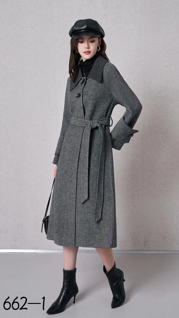 时尚斜纹灰双面羊毛大衣领拼色腰带可拆卸