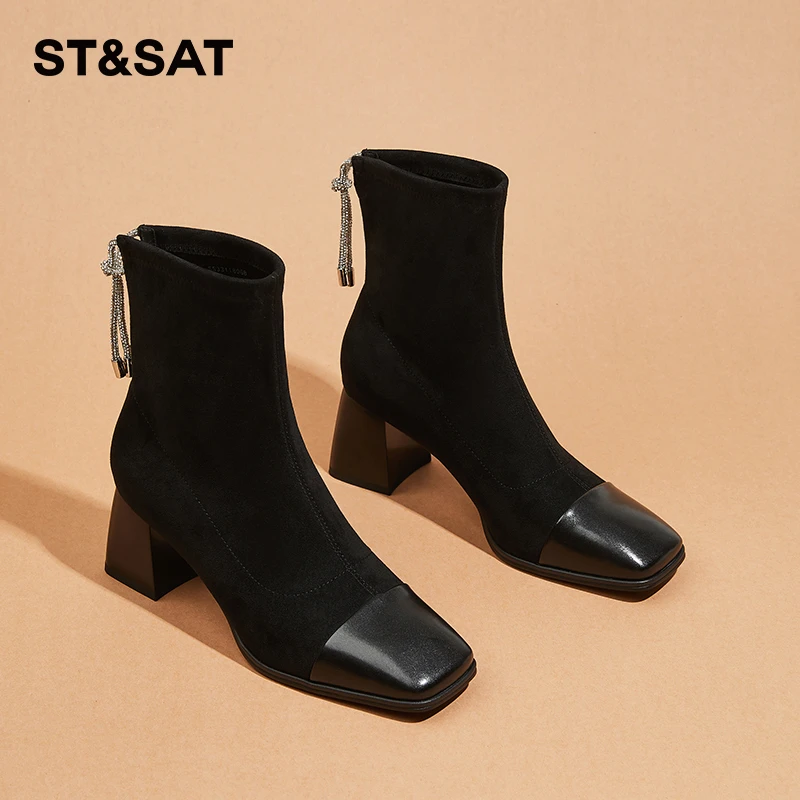 星期六瘦瘦靴女春秋新款粗跟时尚高跟短靴爆款弹力方头百搭马丁靴
