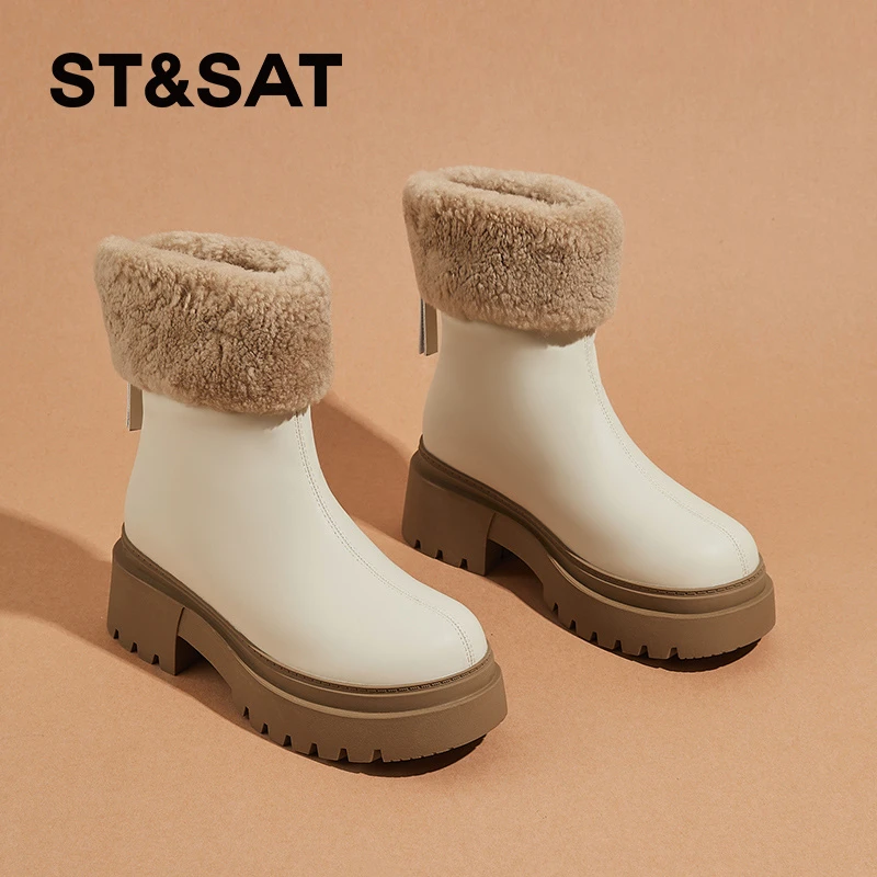 星期六真皮厚底雪地靴女2025秋冬季加绒保暖百搭短靴时尚高跟棉靴