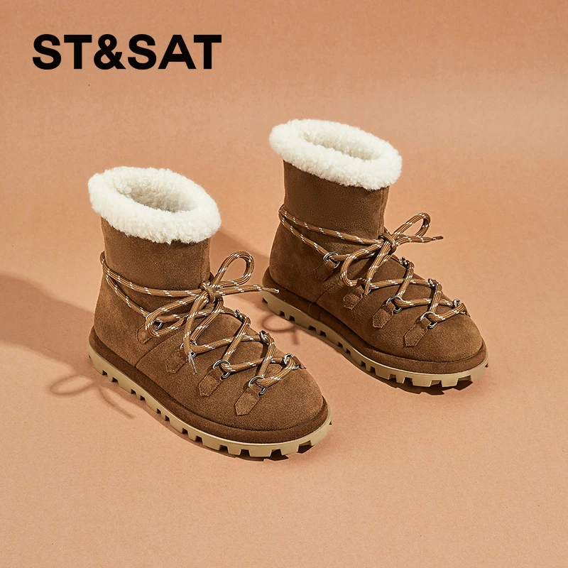 星期六复古百搭雪地靴女2025冬新款休闲绑带棉鞋真皮加绒时尚短靴