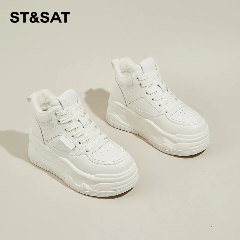 星期六高帮小白鞋女2025秋冬季新款白色加绒棉鞋休闲厚底运动板鞋