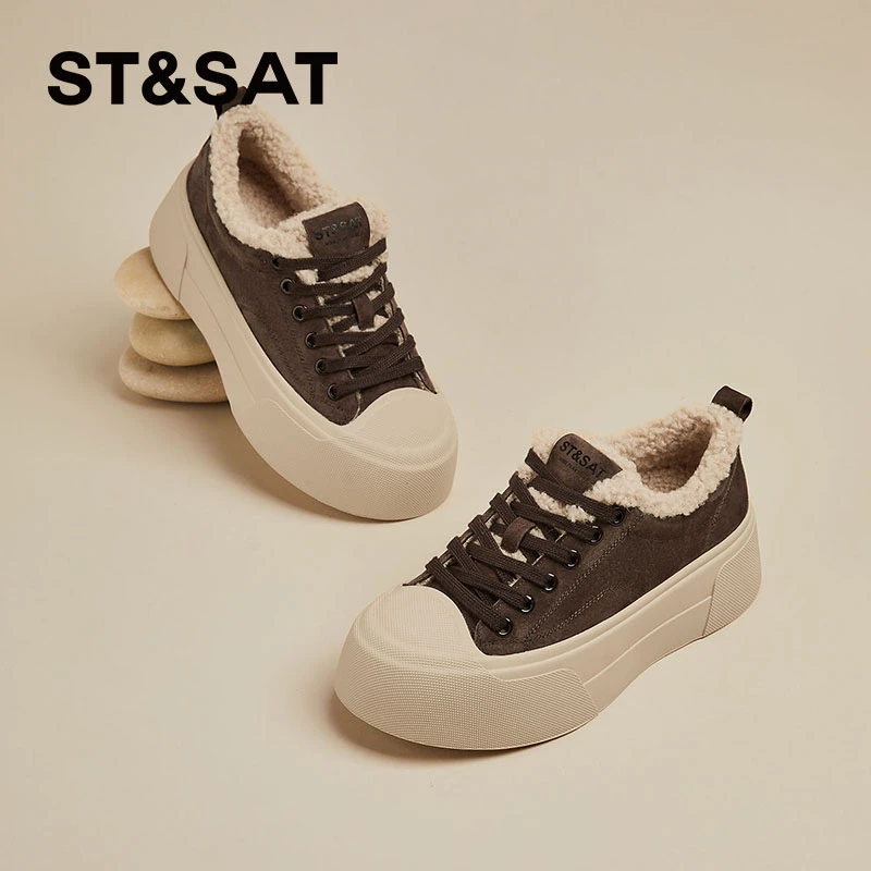 星期六真皮复古咖色板鞋女2025年冬季爆款加绒厚底棉鞋运动休闲鞋