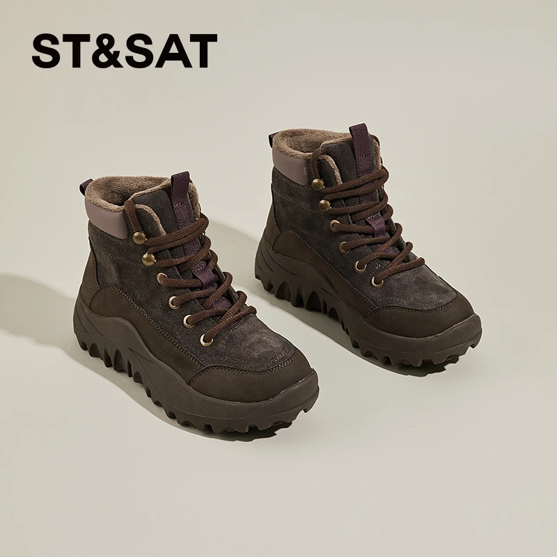星期六复古真皮马丁靴女2025新款秋冬加绒棉鞋厚底高帮鞋工装短靴