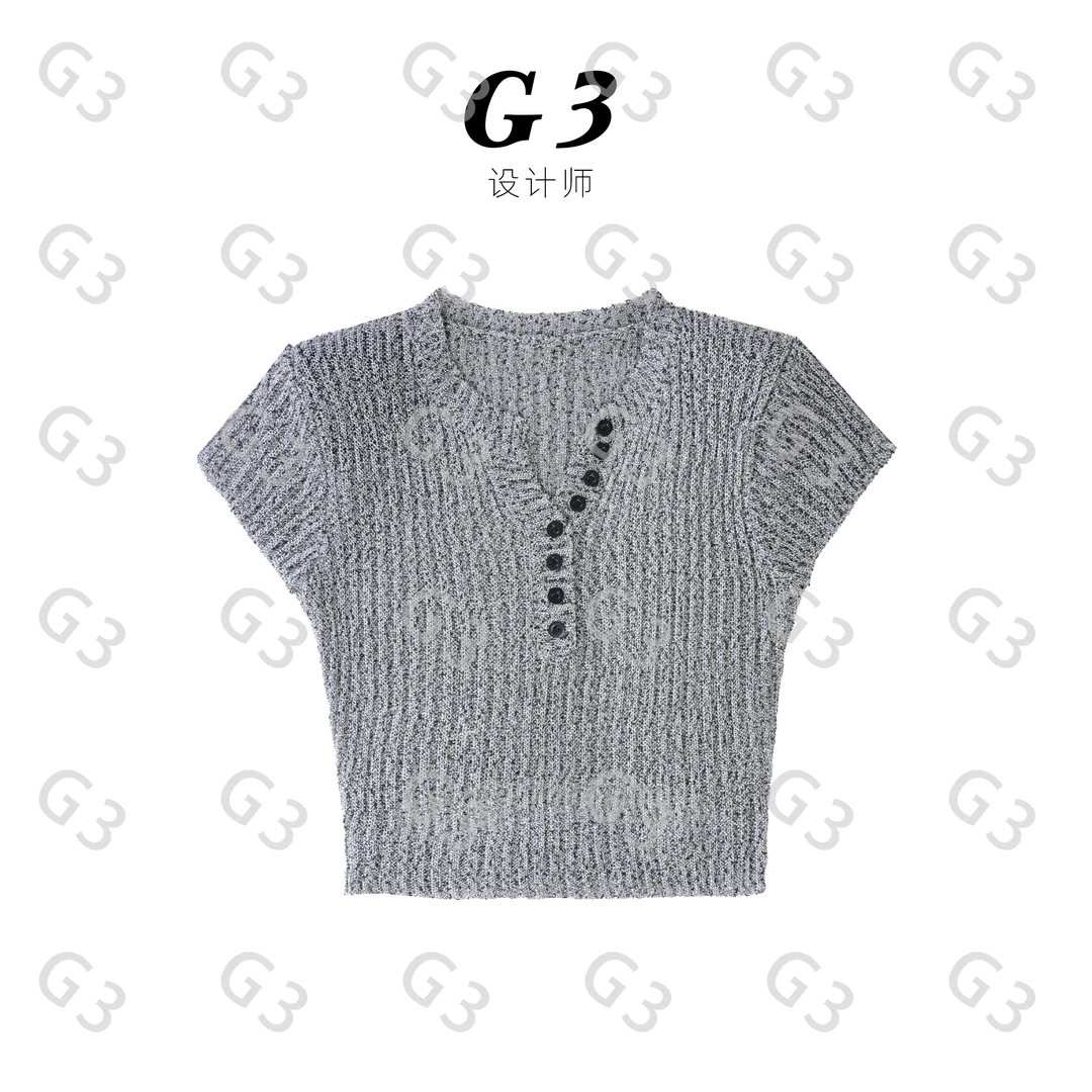 G3设计师 【午后】夏季新款设计感甜辣显瘦带肩垫露脐小V领针织衫女
