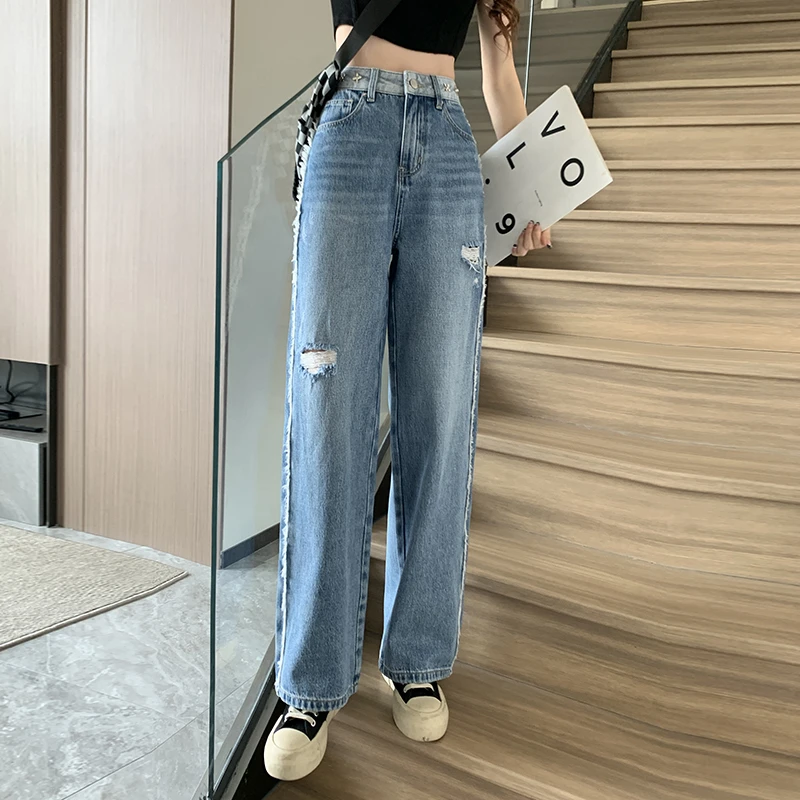 ZENGZHI/增致牛仔ZTG525春秋款毛边宽松百搭显瘦破洞阔腿牛仔裤女