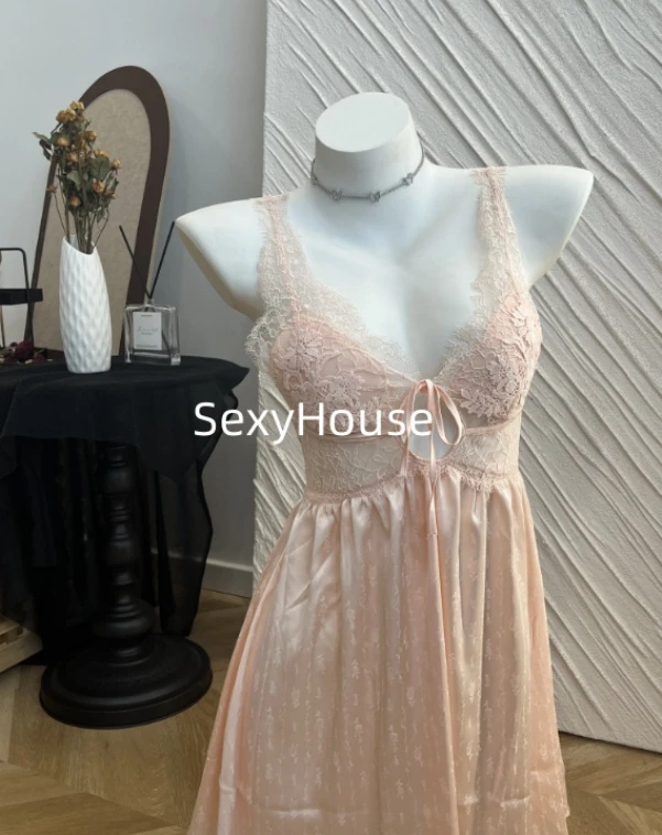 露背粉色性感夏季睡裙蕾丝气质睡衣美背显瘦时尚无袖束腰睡裙睡衣