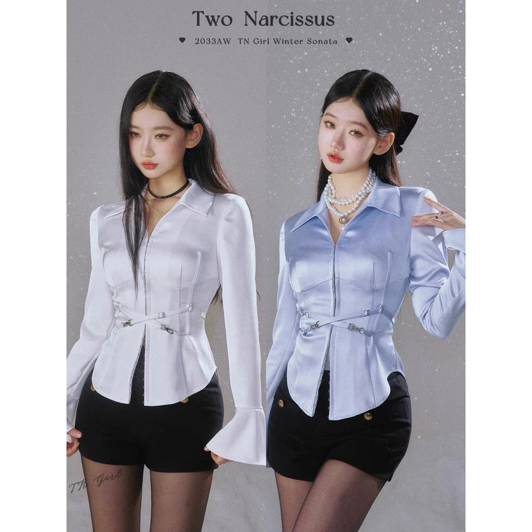 两只水仙 缎感心机收腰 腰部绑荋光泽感收腰显瘦内搭衬衣学院辣妹