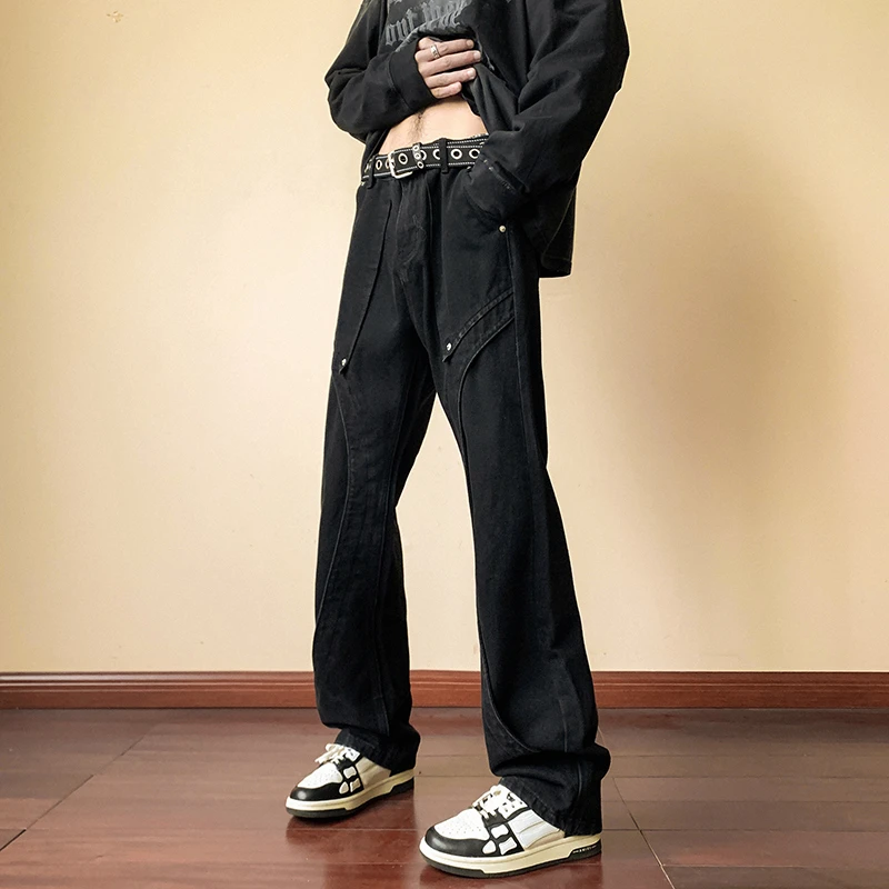 水洗黑色牛仔裤男潮牌修身直筒美式高街vibe工装欧美街头微喇裤子