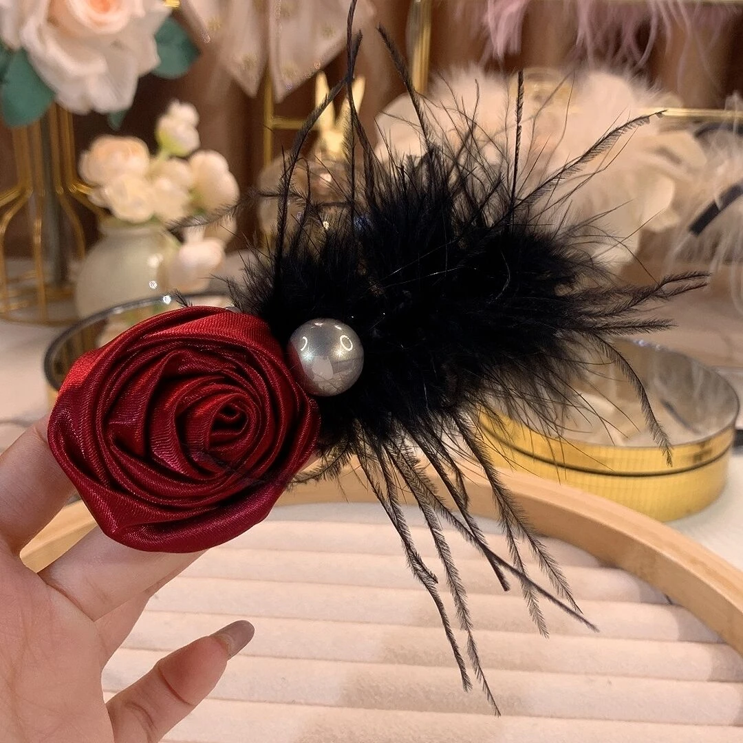 超仙~ins风羽毛玫瑰花弹簧夹后脑勺半夹