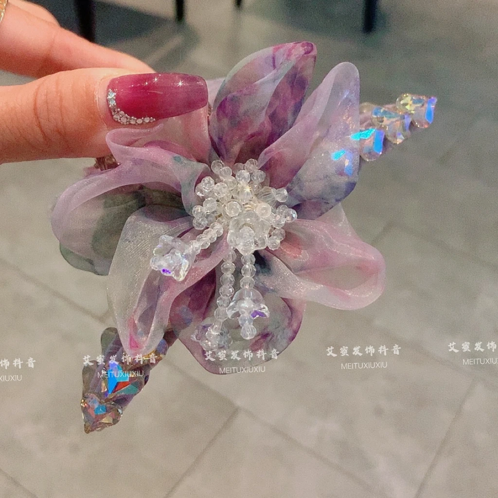 韩国新品花朵札染花朵发夹盘发抓夹轻奢时髦发抓