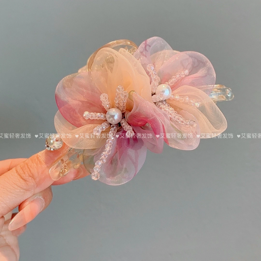 【艾蜜】韩版多彩山茶花手工缝花后脑勺抓夹甜美清新夹长11厘米长