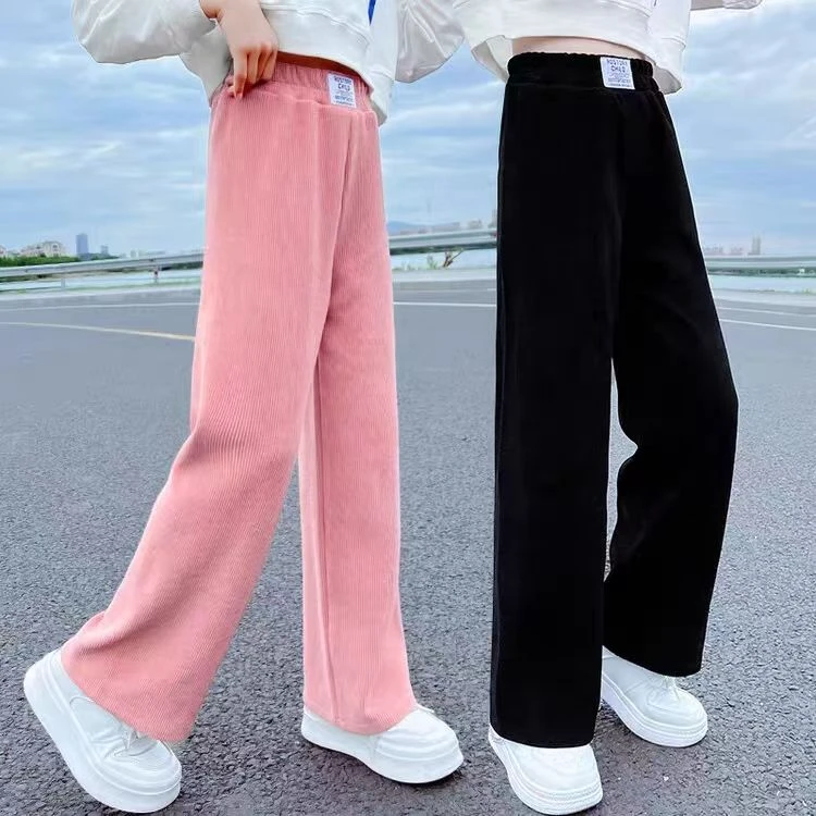 女童裤子2023春秋新款阔腿裤中大童外穿弹力直筒裤秋冬加绒休闲裤