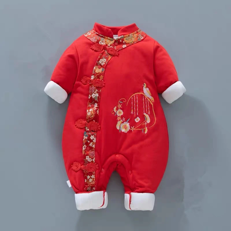 新生婴儿过年拜年衣服冬季加厚百日宴宝宝装喜庆冬装中国风连体衣