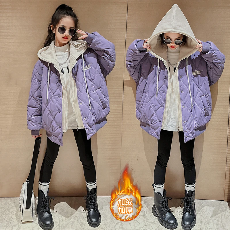 女童棉服外套2023冬季新款中大童韩版儿童洋气棉衣假两件连帽外套