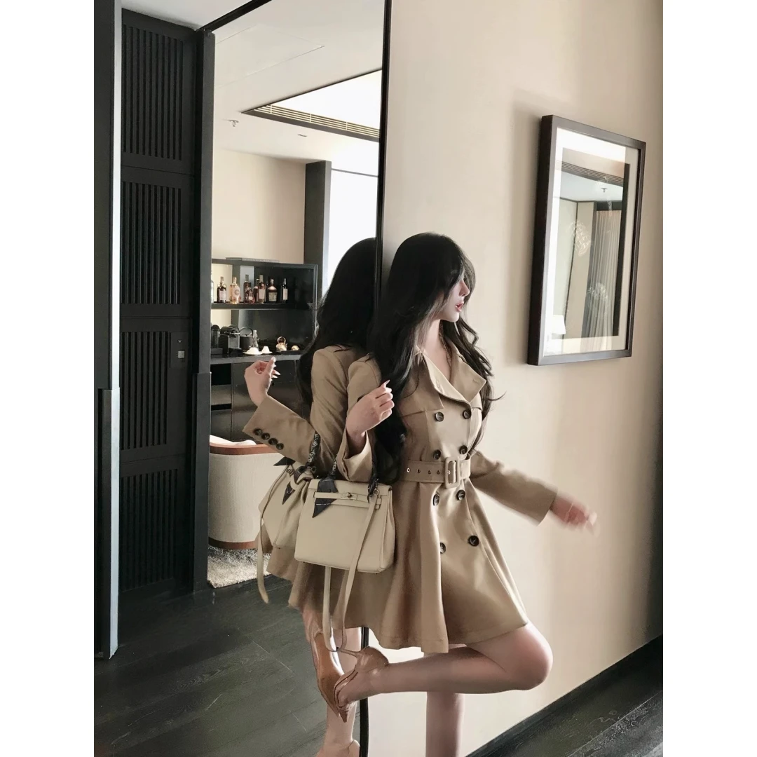 Hotdog 热狗很辣【原创款秋叶落畔】卡其连衣裙式外套+腰带风衣女装