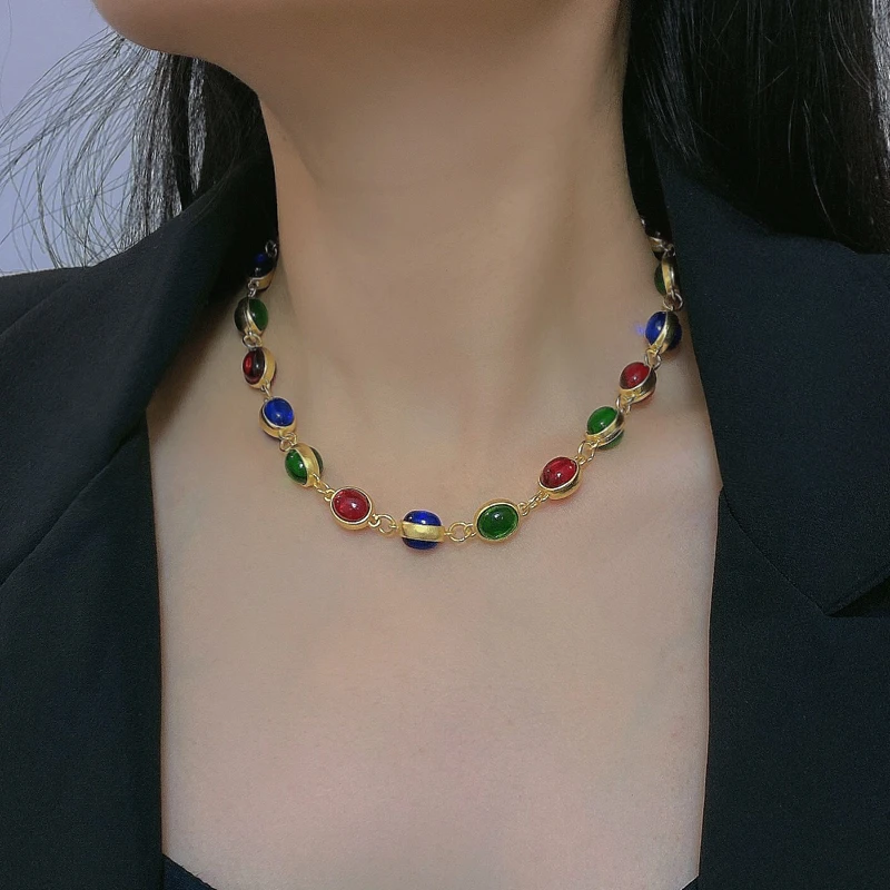 锌合金仿水晶项链 复古vintage毛衣链彩色琉璃中古锁骨项链女配饰