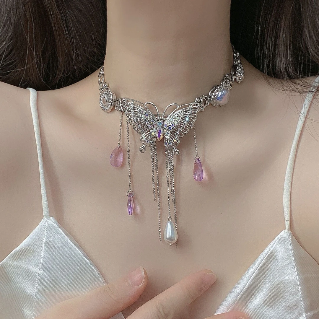 合金项链 超闪满钻蝴蝶流苏项链女潮水晶奢华短锁骨链颈链choker