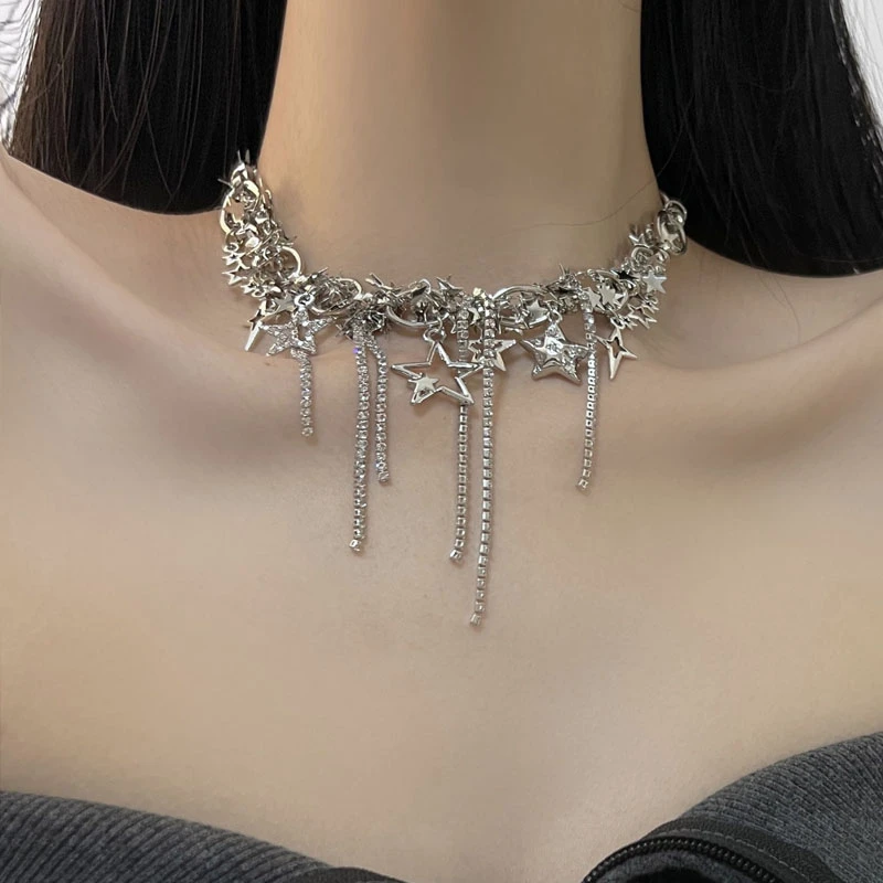 合金项链 气质镶钻流苏项链轻奢星星闪闪锁骨链优雅感冷淡风颈链