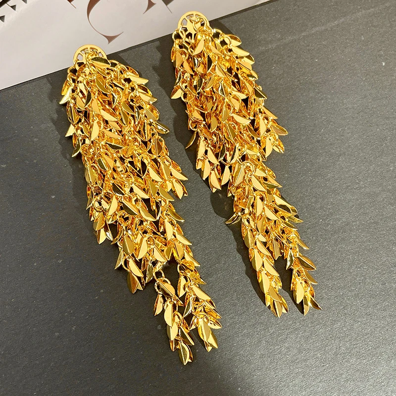 合金耳饰 复古麦穗树叶长流苏耳环欧美夸张金属冷淡风银针耳坠