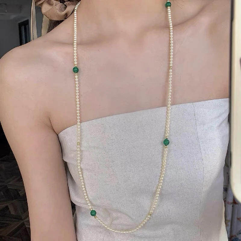 合金仿珍珠项链 国风毛衣链仿珍珠项链长中式轻奢复古可双层叠戴