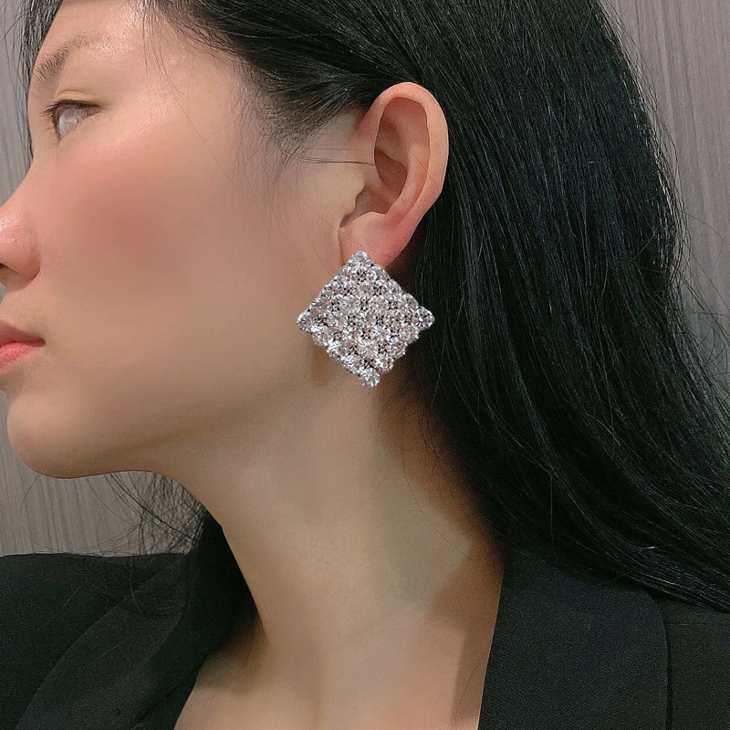 铜合金耳饰 夸张镶钻几何方块闪钻耳钉耳夹女气质轻奢高级感耳饰