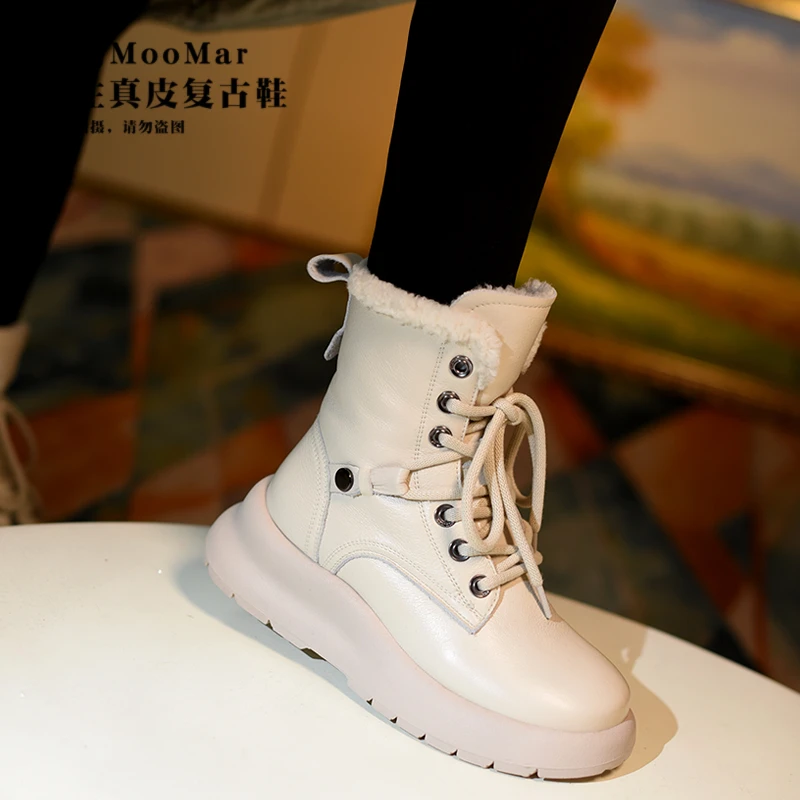 头层牛皮加绒休闲纯色保暖高帮加厚冬季羊糕绒厚底雪地靴女63708