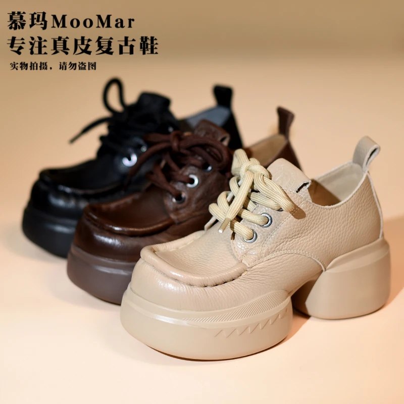 【慕玛】头层牛皮春季高跟单鞋厚底时尚圆头乐福鞋粗跟真皮M35926