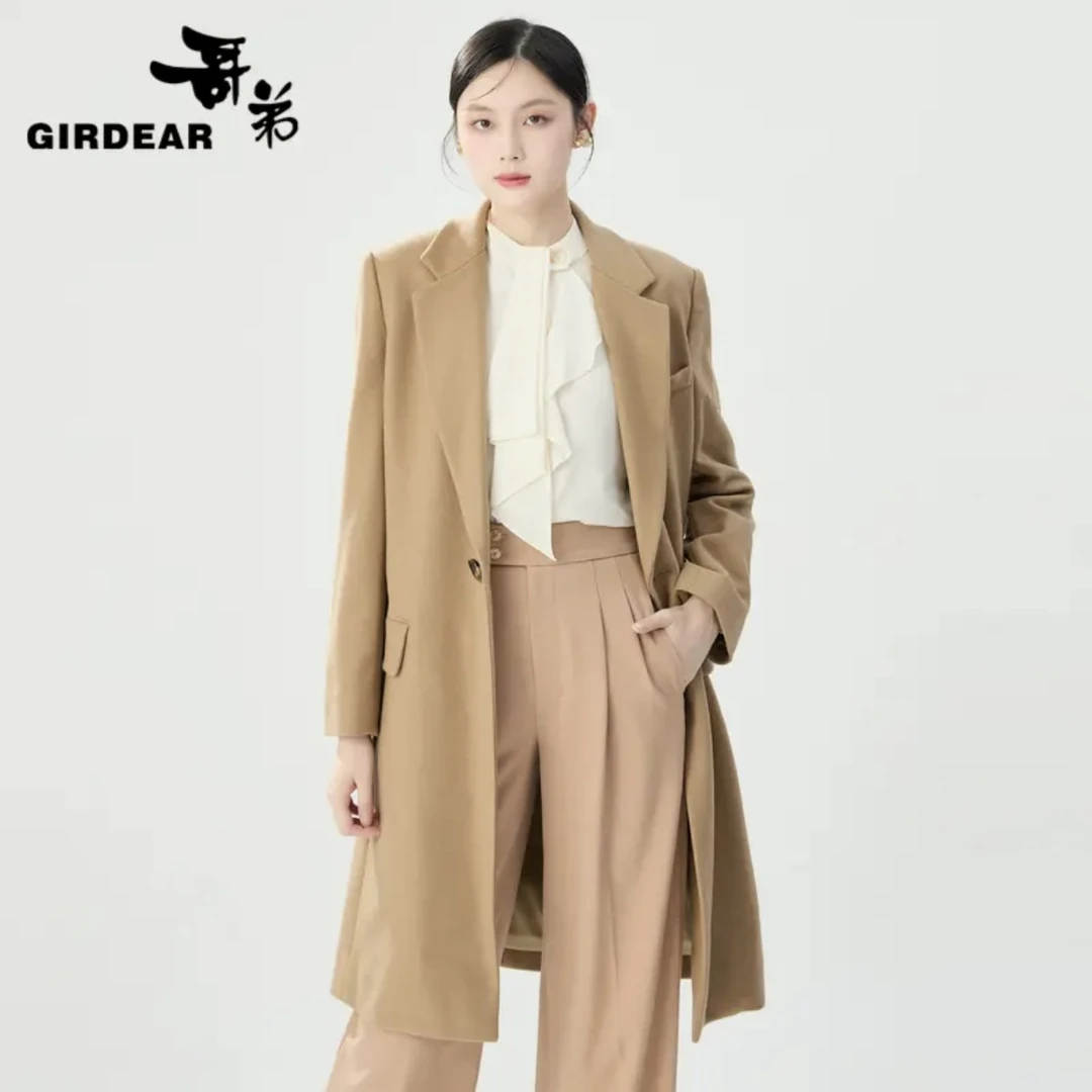 GIRDEAR/哥弟新款雅丹风质感简利落H型中长款毛料大衣外套1400782