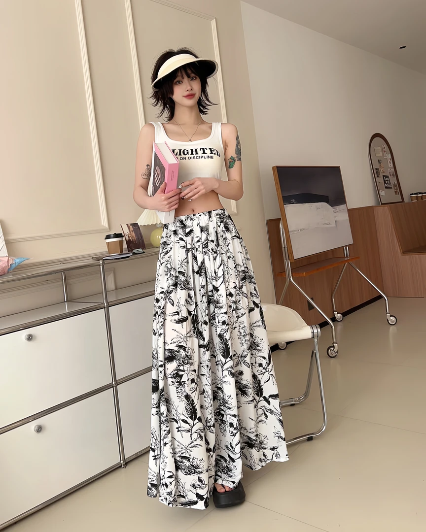 【花色山本裙】半身裙气质松紧腰半高腰百搭夏季中长款显瘦半身裙