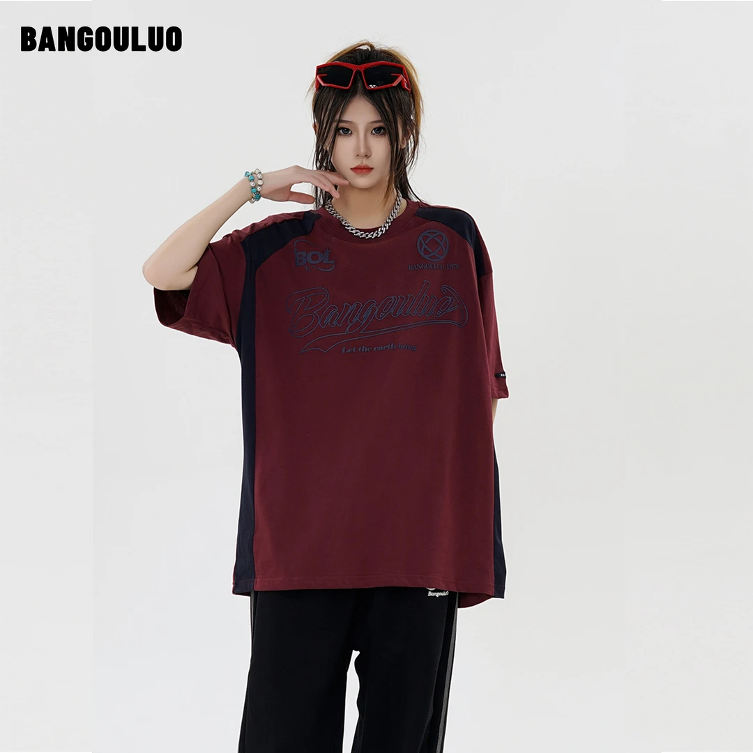邦欧罗美式街头复古撞色拼接创意字母圆领T恤男女嘻哈高街潮短袖