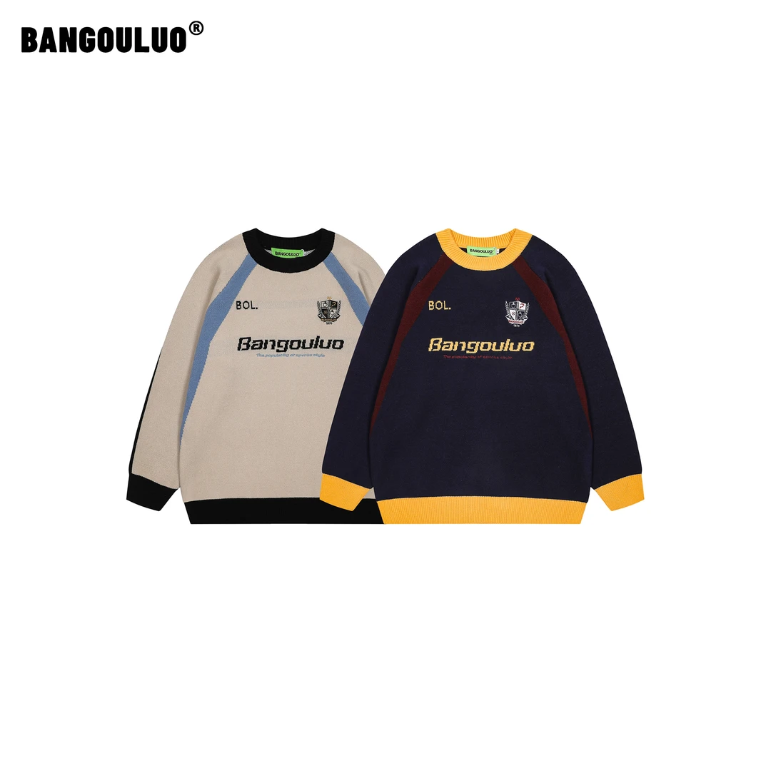 邦欧罗美式街头撞色拼接刺绣字母圆领毛衣情侣款百搭潮牌长袖上衣