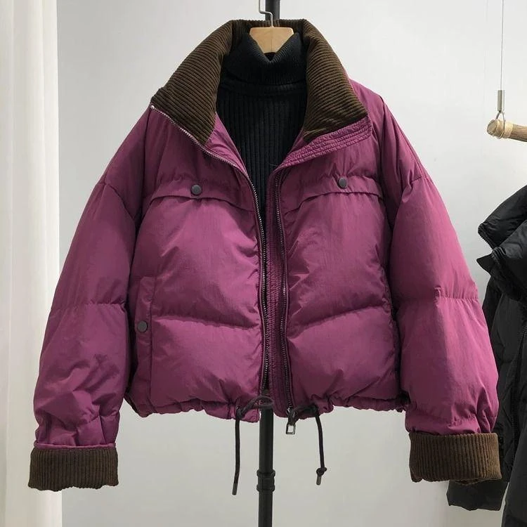 波司登加厚短款羽绒服女宽松韩版灯芯绒保暖外套2023冬新款白鸭绒