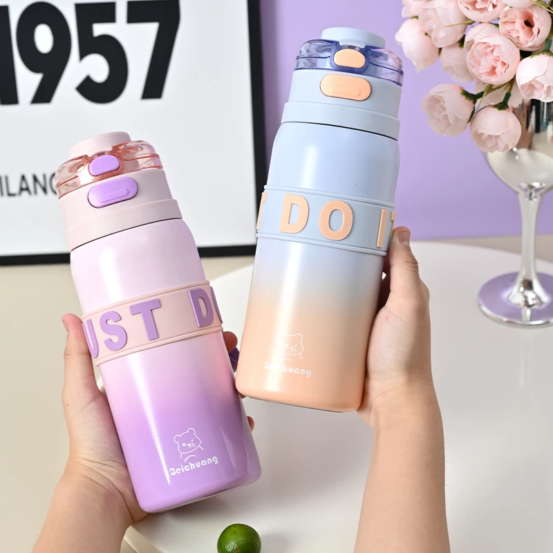 渐变双饮大容量男女同款不锈钢便携运动户外学生车载吸管保温杯子