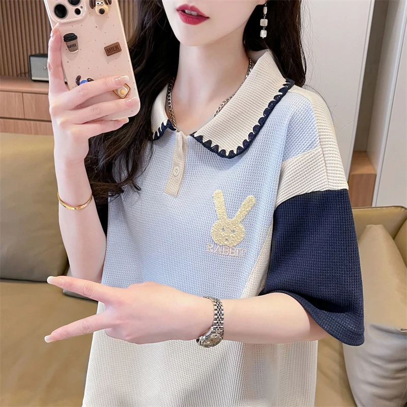polo领正肩短袖t恤女2024新款夏季韩版宽松设计感小众学院风百搭