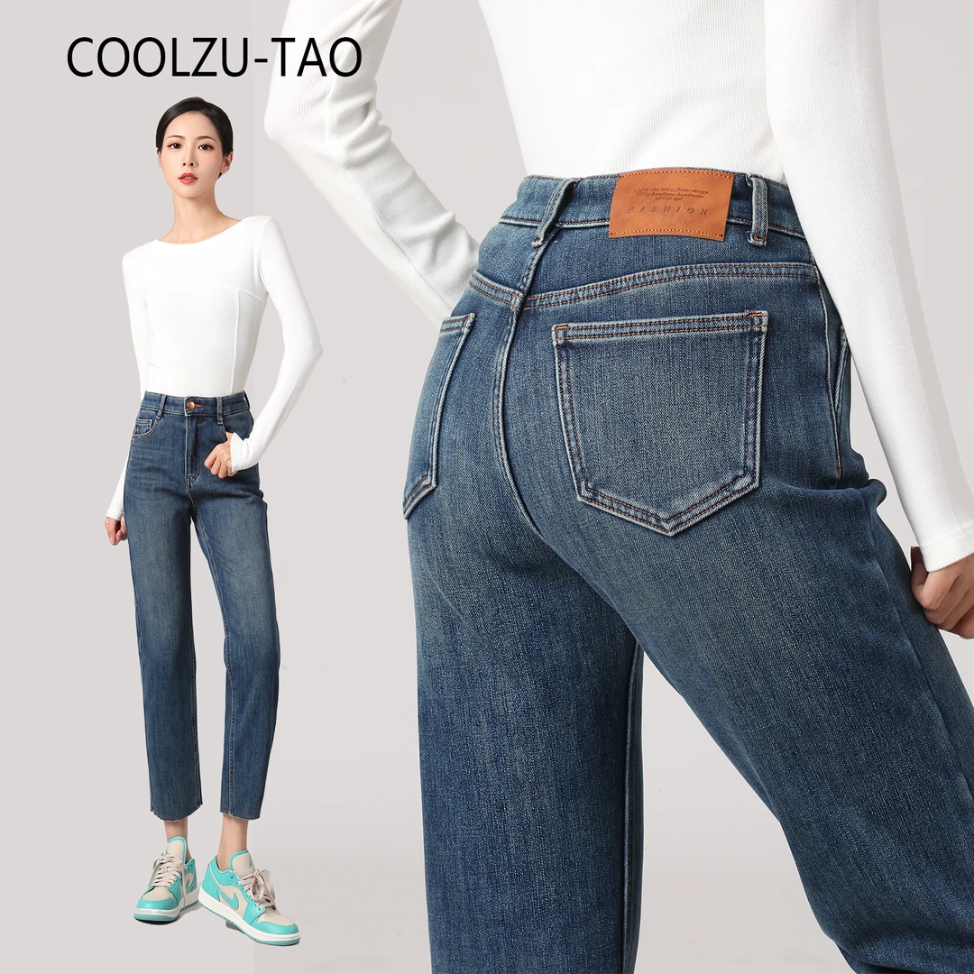 （法棍裤）四面弹加厚奥粒绒高腰牛仔裤女深蓝色爆款新款显瘦R6232
