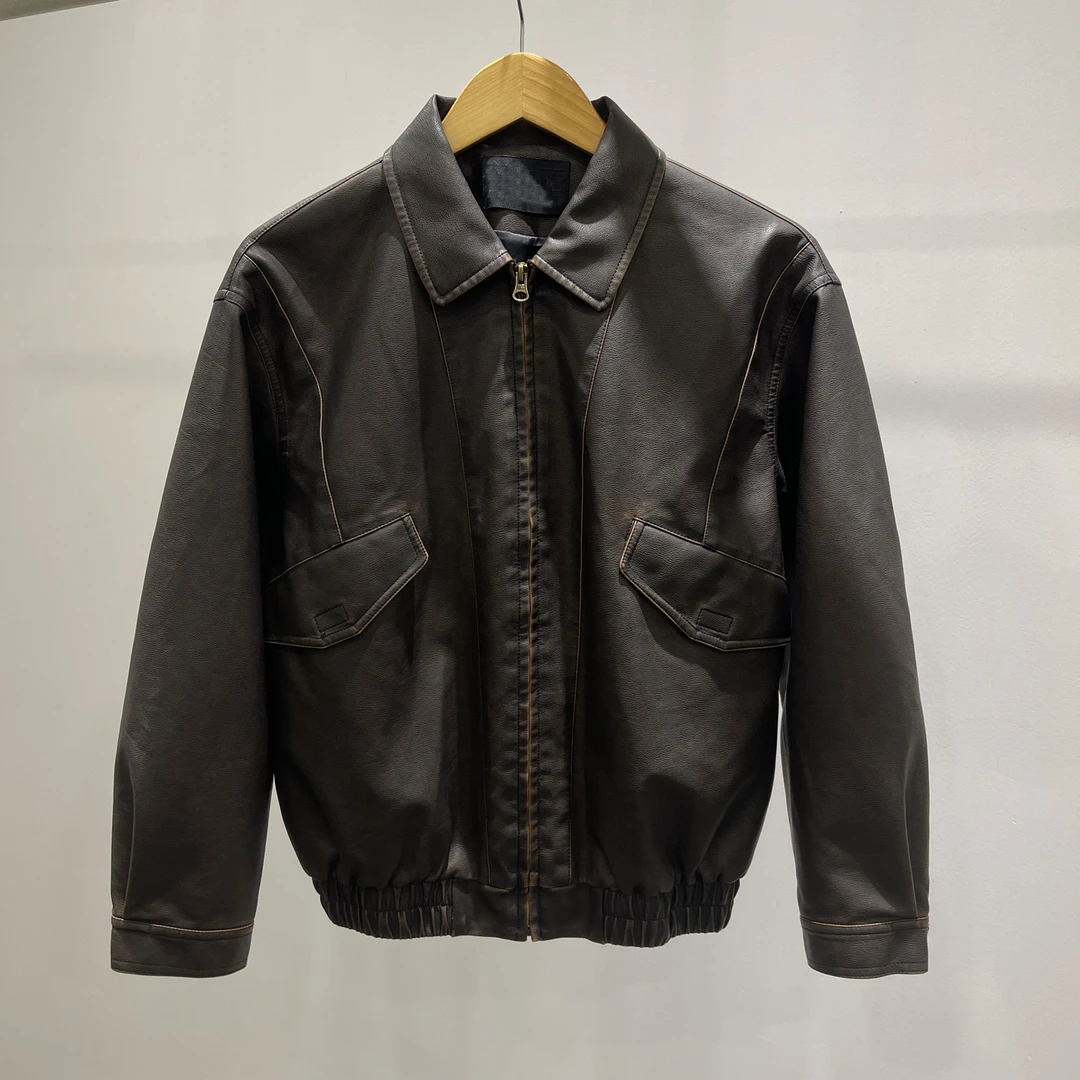 现货男士复古美拉德擦色做旧机车皮衣夹克潮牌INS休闲外套上衣