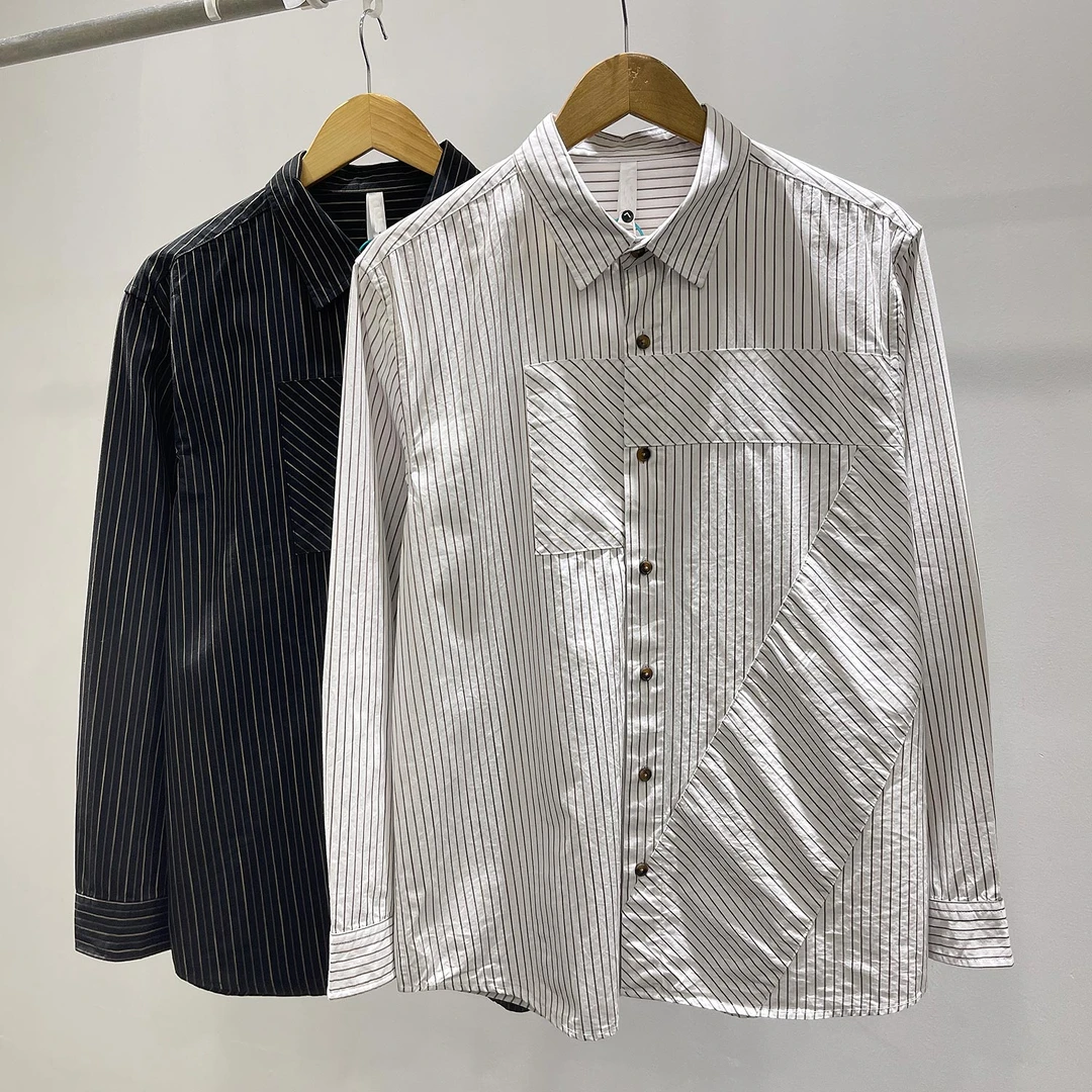 现货秋季设计师男士不规则条纹长袖衬衫港风INS潮牌文艺开衫衬衣