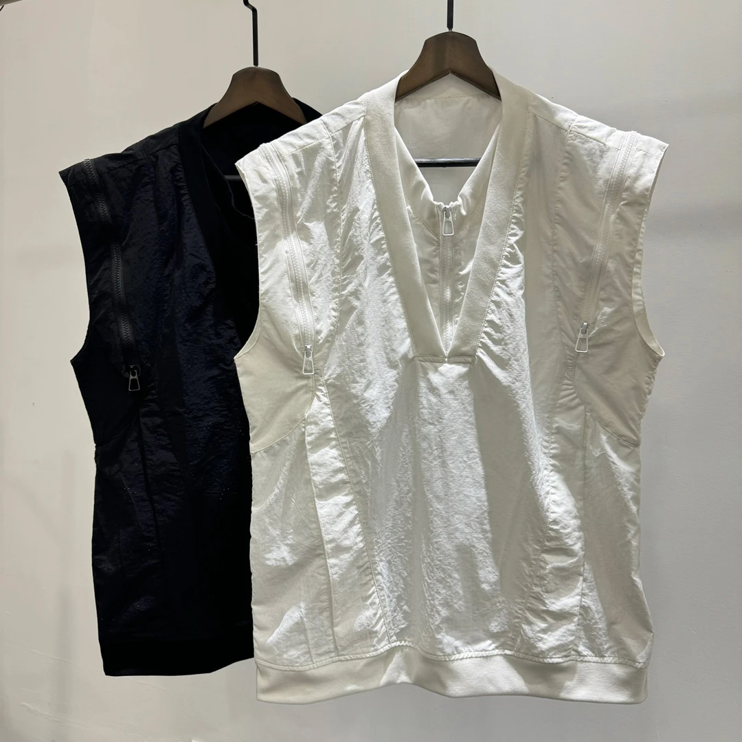 夏季简约百搭拉链设计感透气孔宽松无袖T恤男士潮流INS坎肩上衣服
