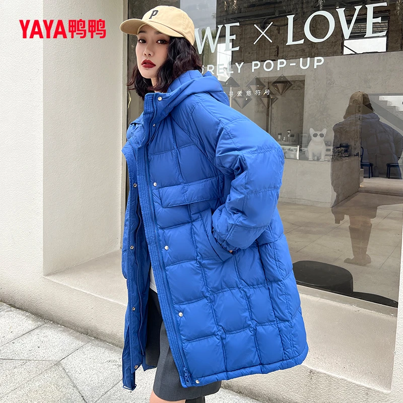 鸭鸭韩版羽绒服女2023年冬季加厚中长款白鸭绒【热力感】连帽送包包