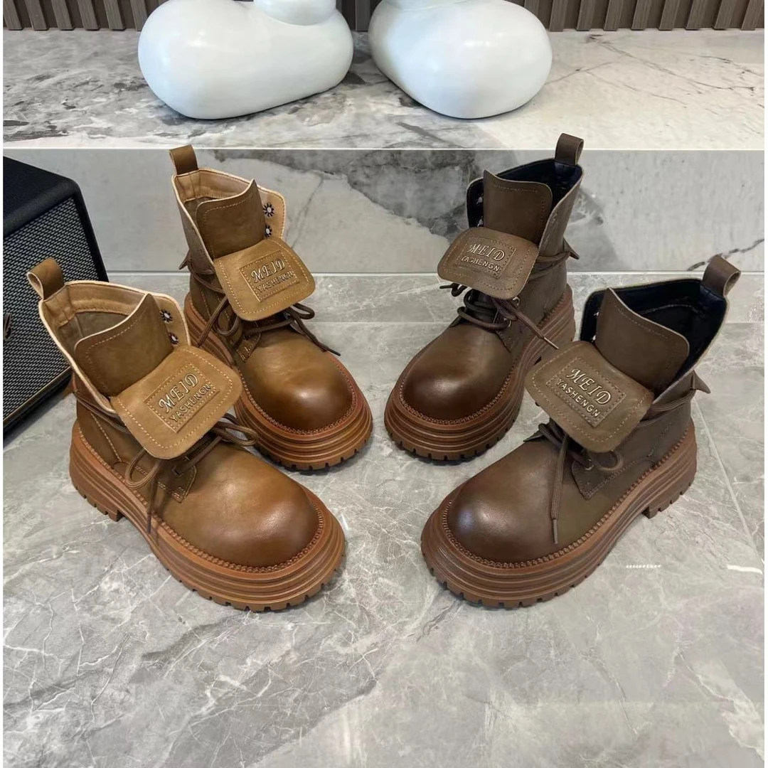 【增高4.5cm】马丁靴秋季新款短靴翻领大黄靴两穿百搭英伦靴子秋冬