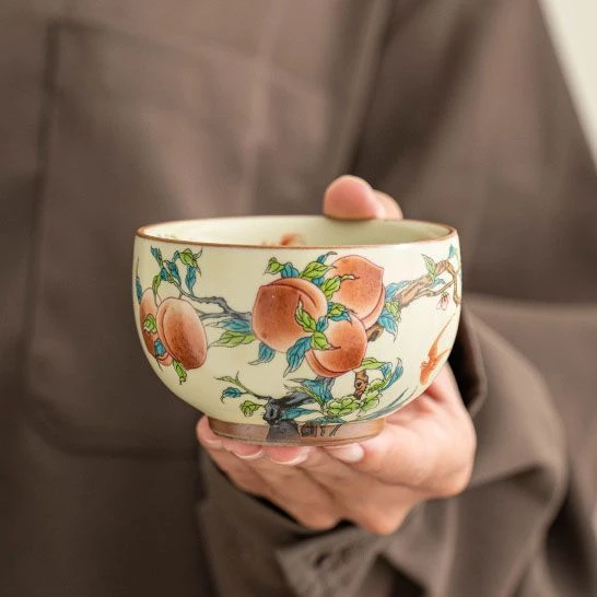 复古 汝窑九桃五福铜钱主人杯高档品茗茶杯家用办公茶杯功夫茶具