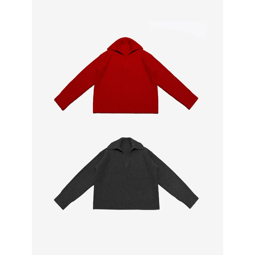 特价【红毛衣】小众设计POLO领羊毛秋冬重磅针织衫宽松廓形显瘦毛衣