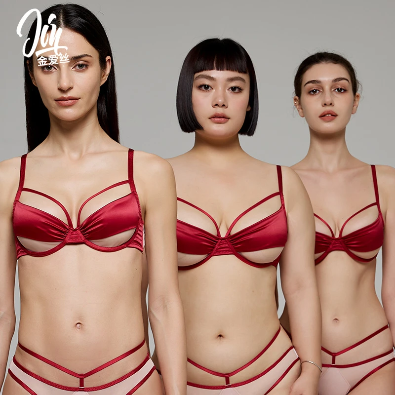本命年红蝴蝶结大胸显小薄款舒适调整型聚拢文胸女士性感内衣