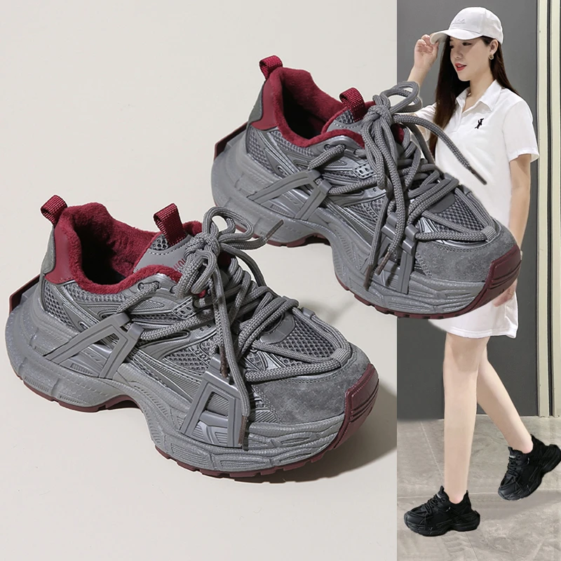 韩版厚底老爹鞋加绒女鞋2025冬季新款松糕鞋百搭休闲鞋增高运动鞋