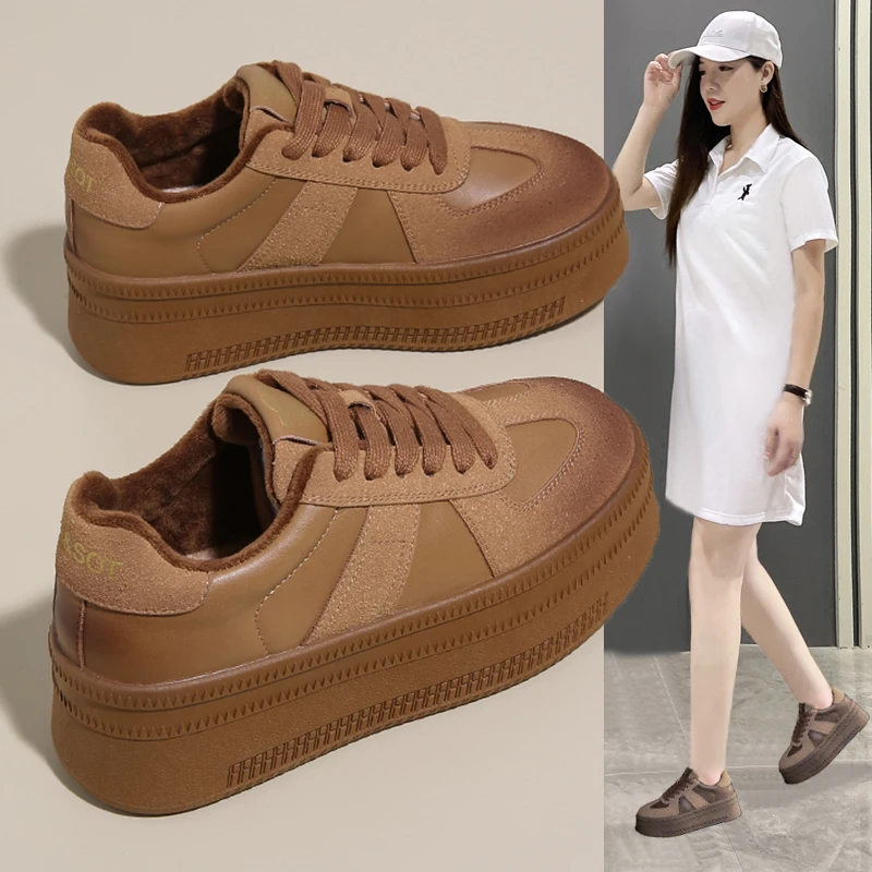 加绒德训鞋女2024秋冬新款松糕棉鞋百搭厚底增高女运动休闲面包鞋