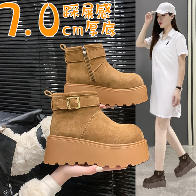 松糕厚底增高勃肯鞋鞋加绒保暖雪地靴棉鞋2024新款冬季马丁靴短靴