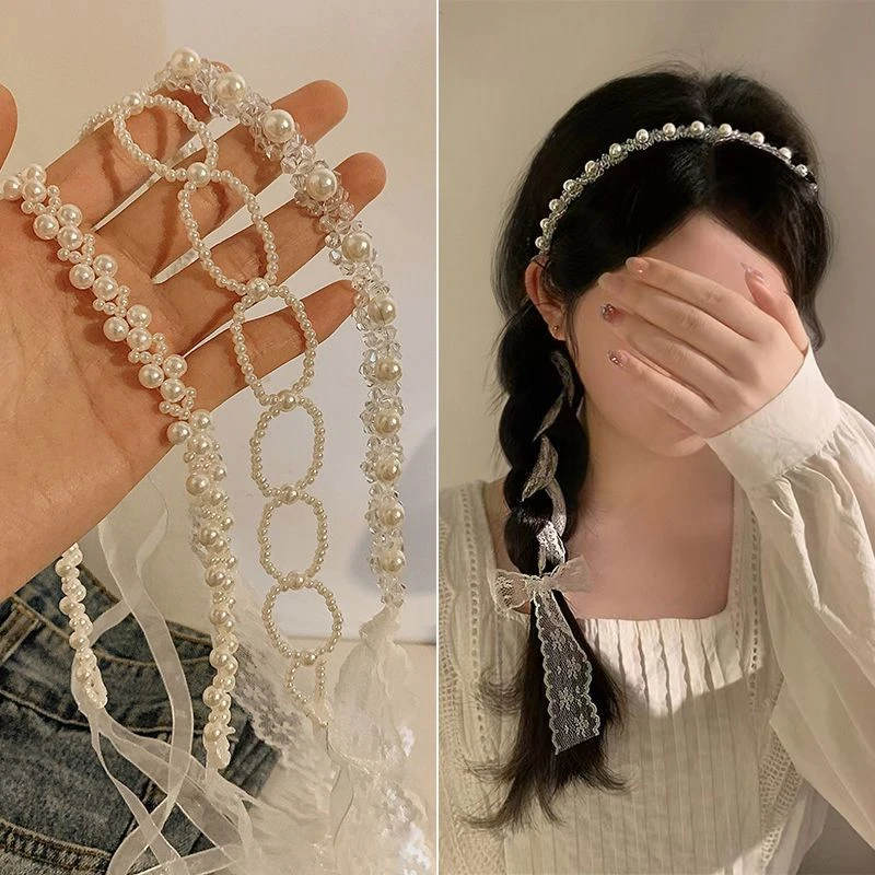 超仙白色蕾丝水晶珠珠发带女绑发森系甜美飘带法式丝带发箍头饰