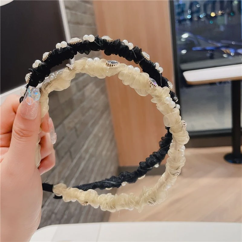 香妃韩版超仙森系欧根纱珠珠发箍女仙女水钻发捆黑色头箍网纱发箍