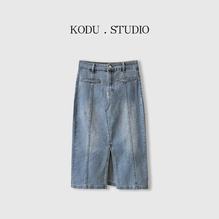 【刻度KODU】01-SK2675春夏高腰拼接压线前开叉时尚牛仔半身裙