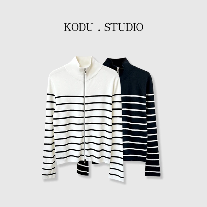 【刻度KODU】MT-4611秋季立领学院风条纹撞色拉链款毛衣开衫